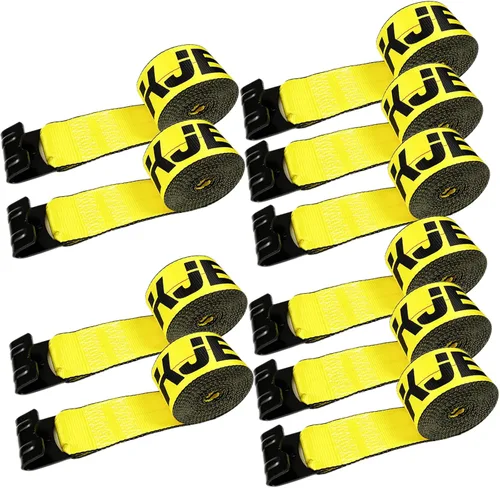 Vista 7 de KJE Correas de cabrestante de 4" x 30' amarillas de servicio pesado para amarre con ganchos planos, correa de remolque de plataforma plana WLL#