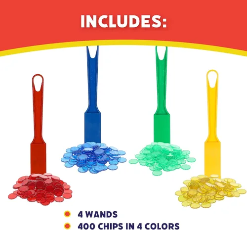 Vista 4 de POPULAR PLAYTHINGS Varitas magnéticas de bingo con 400 fichas de metal, juego de 4 varitas coloridas para juegos de aula, actividades educativas