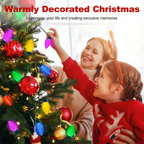 Vista 2 de Luces de Navidad C9 LED para exterior, 50 LED, 32 pies, luces de cadena C9 para bombillas de fresa de Navidad, enchufables, conectables