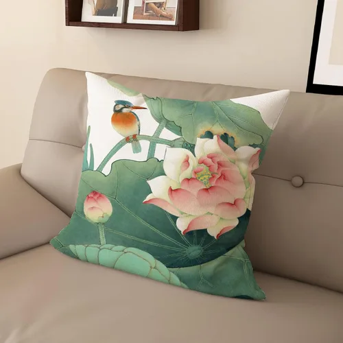 Vista 2 de Funda de almohada con estampado digital de loto zen chino, diseño de doble cara para sofá, sala de estar, decoración de dormitorio