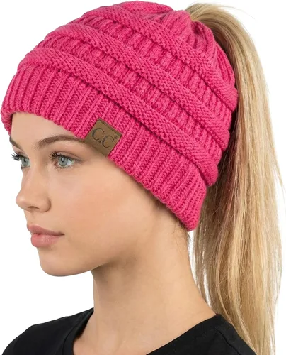 Vista 16 de Funky Junque Gorro de Cola de Caballo para Mujeres - Gorro de Invierno Ponyback Suave Elástico de Punto Trenzado Cola Alta Gorros para Correr