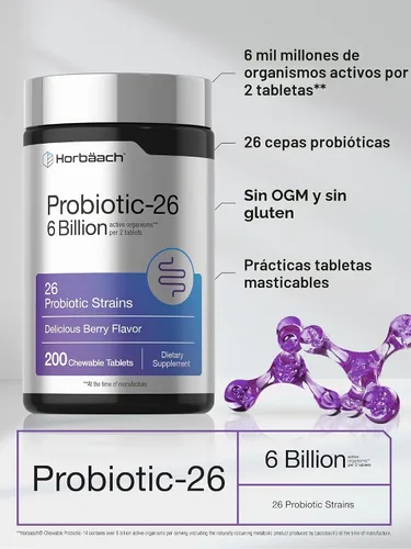 Vista 4 de Horbäach Probióticos 6 mil millones de UFC 200 tabletas masticables