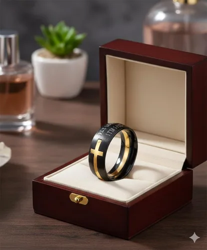 Vista 3 de Anillo de rompecabezas de pureza cristiana de acero inoxidable con versículo bíblico de 0.315 in para hombre, 1 Timoteo 4:12 Tono-dorado