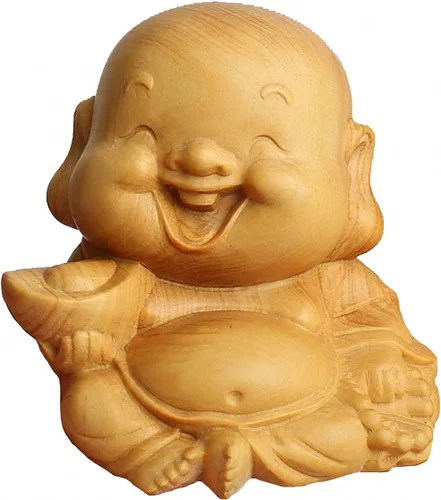 Vista 15 de Estatua de Buda Maitreya Maitreya tallada a mano de boj natural (ventilador de bolsa de tela)
