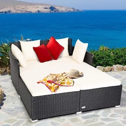 Vista 2 de COSTWAY Sofá Cama de Ratán para Patio Exterior, Sofá de Dos Plazas con Cojines de Esponja y 4 Almohadas, Muebles de Mimbre Cama Solar para Balcón