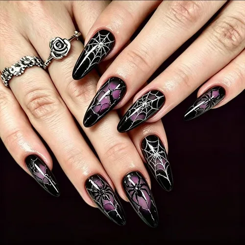 Vista 17 de Uñas postizas a presión de Halloween, uñas postizas de almendra, cobertura completa, uñas postizas rojas con diseños de gotas de sangre, punta 14