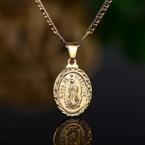 Vista 4 de Barzel Collar de cadena de 0.118 in bañado en oro de 18 quilates marineroMarina 060 3MM con colgante de encanto de Virgen María Guadalupe, Metal