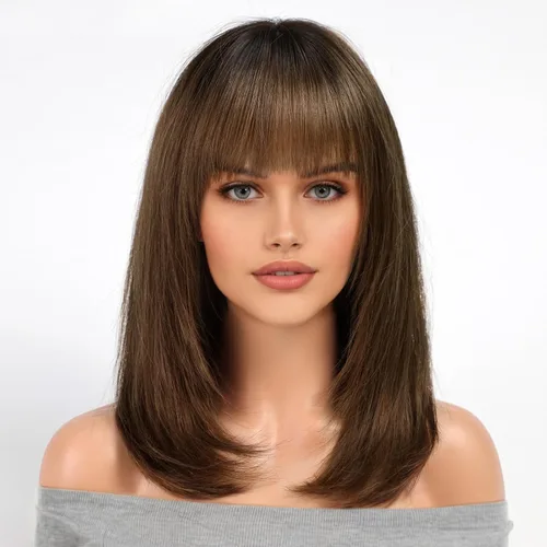 Vista 17 de KKU Pelucas de cabello humano de 16 pulgadas para mujer, peluca de cabello lacio en capas con flequillo, realismo natural, pelucas de cabello real