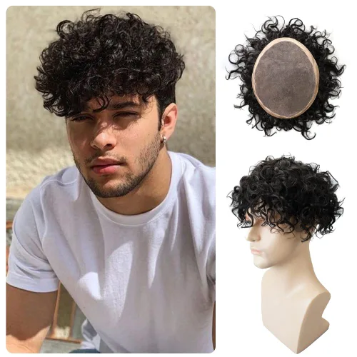 Vista 8 de Lordhair Mens Weave 6 * 8 "unidad de cabello humano negro 0.787 in rizado sistema de cabello para hombre con 1" PU recubierto perímetro toupee