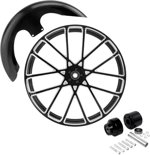 Vista 78 de TCMT Llanta de rueda delantera de 21", buje de rueda de brida de doble disco con guardabarros delantero negro sin pintar, compatible con modelos