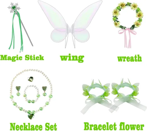 Vista 5 de ZALOORIY Disfraz de hada Campanilla para niñas, vestido de princesa con alas y accesorios