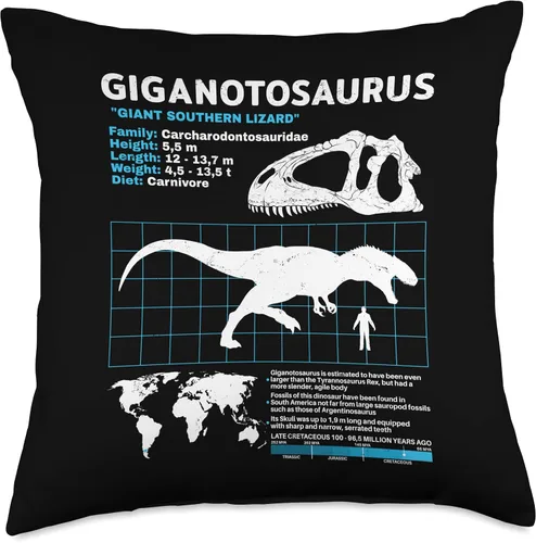 Vista 4 de Dinosaur fact sheets Dinosaur Fossils data sheet Sábana, almohada de dinosaurio Giganotosaurus, 16 x 16 pulgadas, multicolor