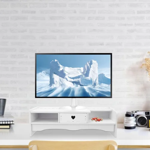 Vista 6 de Elevador de monitor de computadora de estilo con cajón de almacenamiento, soporte elevado compacto para escritorio de oficina, estante de tableta