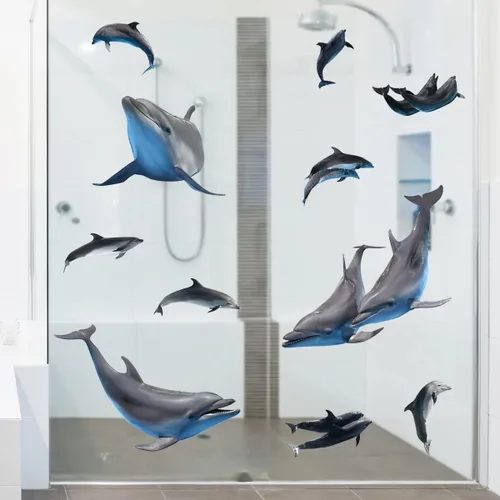Vista 4 de Calcomanías de pared de delfín nariz de botella extraíbles 3D, calcomanías de pared de delfín para despegar y pegar, decoración de pared de delfines