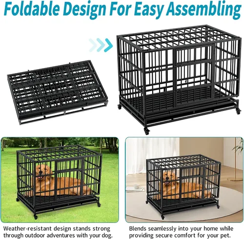 Vista 2 de Jaula plegable indestructible para perros con ruedas, jaula de metal resistente a prueba de escapes de 48 pulgadas para perros grandes y medianos
