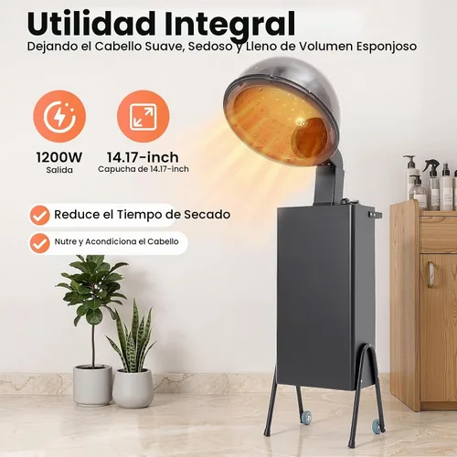 Vista 2 de Secador de pelo, 1200 W, profesional, independiente, con capucha, con ruedas, soporte para secador de pelo, 3 ajustes de temperatura