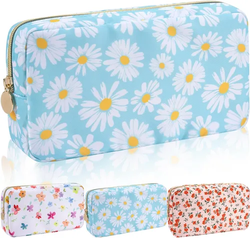 Vista 30 de Iqimott Bolsa Grande de Maquillaje de Nylon, Neceser de Viaje, Bolsa Grande de Cosméticos Preppy, Organizador de Maquillaje de Nylon, Bolsa de Beige