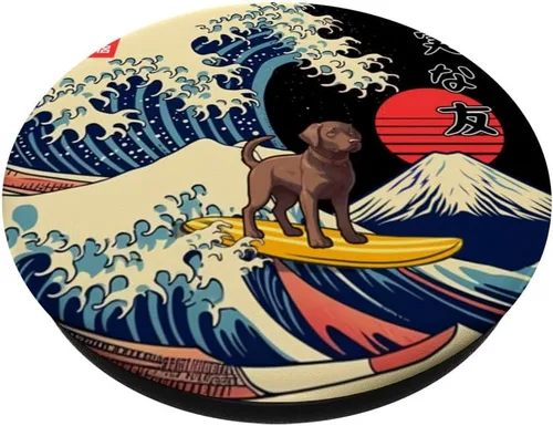 Vista 2 de Chocolate Labrador japonés Kanagawa Wave Surf Loyal Dog PopSockets PopGrip intercambiables