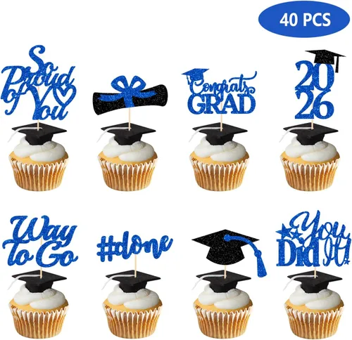 Vista 2 de Decoraciones de graduación 2026 azul, adornos para cupcakes de graduación 2026 azul y negro, suministros de decoración para cupcakes clase de 2026