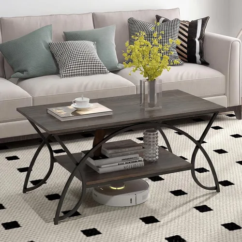 Vista 10 de Giantex Mesa auxiliar rectangular de 2 niveles, mesa de grano de madera con estante de almacenamiento abierto, marco de metal acabado negro, mesa