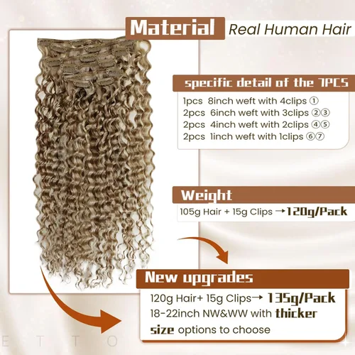 Vista 126 de Hetto . Extensiones de cabello humano rizado con clip, color #1 negro azabache, extensiones de cabello humano ondulado natural para cabeza completa