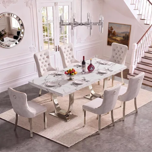 Vista 22 de Henf Mesa de comedor rectangular de mármol sintético blanco de 70 pulgadas Blanco & Oro