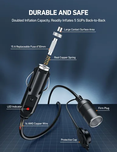 Vista 3 de AstroAI - Cable para encendedor de cigarrillos de 12 pies/12 V, enchufe macho a hembra de 120 W/15 A Cable de extensión resistente, compatible