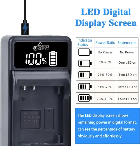Vista 4 de Pickle Power EN-EL3E EN-EL3 EN-EL3A - Cargador de batería y LED compatible con cámaras réflex digitales Nikon D50 D70 D70s D80 D90 D100 D200 D300