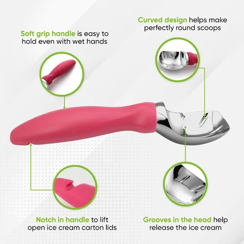 Vista 3 de Spring Chef - Cuchara para helado rosa de alta resistencia con mango suave, cuchara profesional para helado, cuchara de metal para masa de galletas