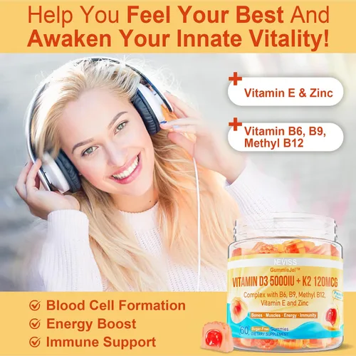 Vista 4 de Vitamina D3 5000IU + K2 (MK-7) 120mcg, sin azúcar GLP-1 amigable con vitamina D3 K2 gomitas con complejo de vitamina B -metilo B12, B9, B6 Vit E