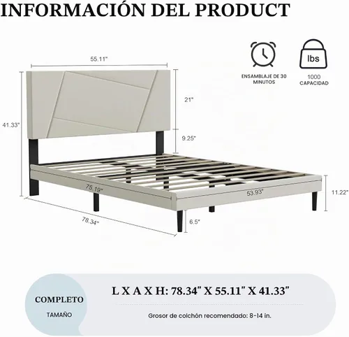Vista 2 de IOILORI - Base de cama tamaño Full con cabecera tapizada en terciopelo de diseño geométrico, estructura robusta y listones de madera, silenciosa,