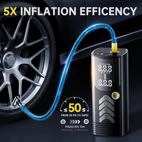 Vista 2 de Inflador de neumáticos, compresor de aire portátil, bomba de aire de 150 PSI con motor ultra fuerte 5 veces velocidad de inflado rápida. Batería