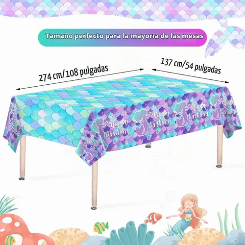 Vista 2 de 1 mantel de sirena – Mantel de sirena de feliz cumpleaños, mantel rectangular de plástico desechable con diseño de sirenas para decoración de 1