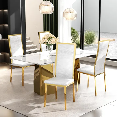 Vista 11 de Juego de 2 sillas de comedor modernas, piel sintética negra con patas de metal dorado cromado, diseño de respaldo alto curvo y acolchado tipo nube