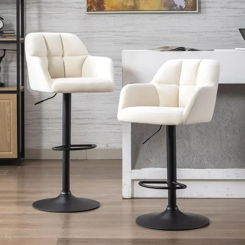 Vista 20 de ROCITY Juego de 2 taburetes de bar de terciopelo con respaldo, silla de bar beige para isla de cocina, taburetes de bar modernos con patas de metal