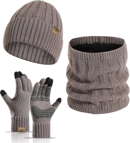 Vista 10 de Beanie Hat and Touchscreen Gloves with Winter Scarf 3PCS Set for Men Women Negro