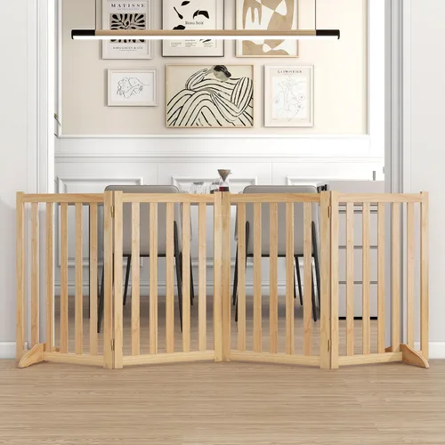 Vista 8 de Puerta independiente para mascotas de 30 pulgadas de altura, valla de seguridad plegable de madera maciza con 2 pies de soporte, ideal para Roble