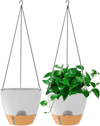 Vista 11 de Paquete de 2 macetas colgantes, macetas colgantes de riego automático de 10 pulgadas para plantas de interior y exterior, cesta colgante para negro