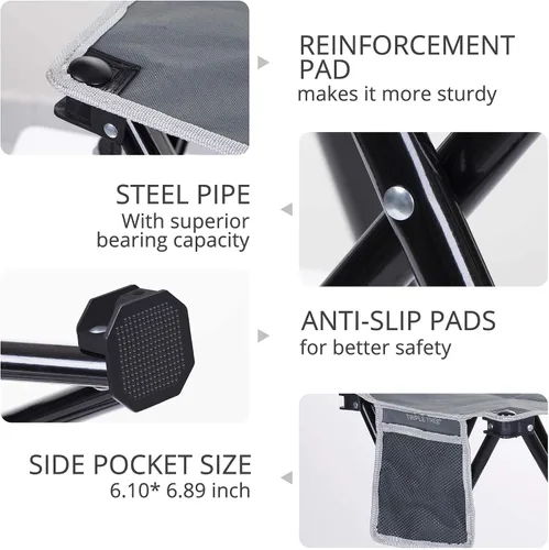 Vista 4 de Triple Tree - 1 taburete plegable para campamento, taburete pequeño portátil ligero de 13.8 pulgadas con bolsillo lateral, taburete con bolsa de Gris