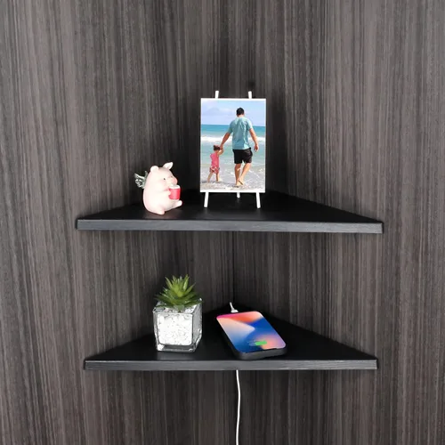 Vista 2 de evron Juego de 2 estantes de montaje de esquina, estantes de pared flotantes fáciles de instalar con acabado de grano de madera, plástico ABS