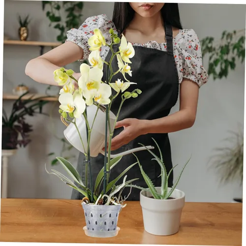 Vista 6 de 2 Sets Plastic Orchid Plant Nursery Pots with Saucers and Drain Holes Design for Root Viewing, Ventilated Base Tray, Home or Garden Use, Supports