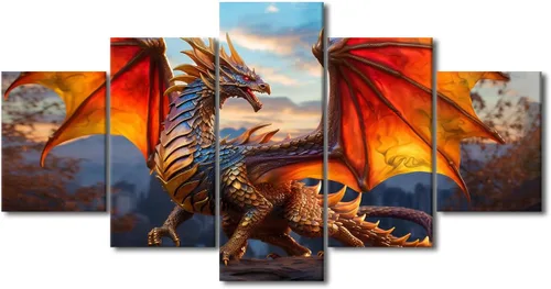 Vista 54 de Lienzo decorativo para pared de sala de estar, lienzo de dragón, 5 paneles, dragón verde, decoración de pared para el hogar, decoración de pared