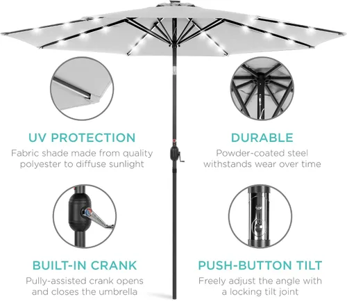 Vista 5 de Best Choice Products Sombrilla de Patio Solar de Poliéster con Luz LED de 10 pies con Ajuste de Inclinación y Tela Resistente a los Rayos UV - Gris