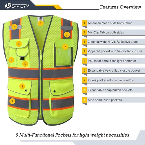 Vista 3 de JKSafety Chaleco de seguridad de malla frontal con cremallera de color amarillo neón de alta visibilidad con borde extendido naranja fluorescente