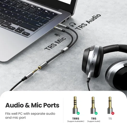 Vista 2 de UGREEN divisor de auriculares para computadora con hembra de 3.5 mm a 2 machos dobles de 3.5 mm, cable divisor de audio trenzado, conector