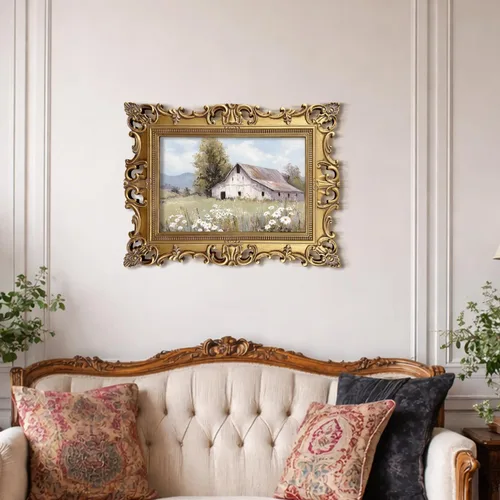 Vista 7 de XIAOAIKA Arte de pared de paisaje de granero blanco acabado a mano, impresión de escena de granja vintage con marco barroco dorado envejecido