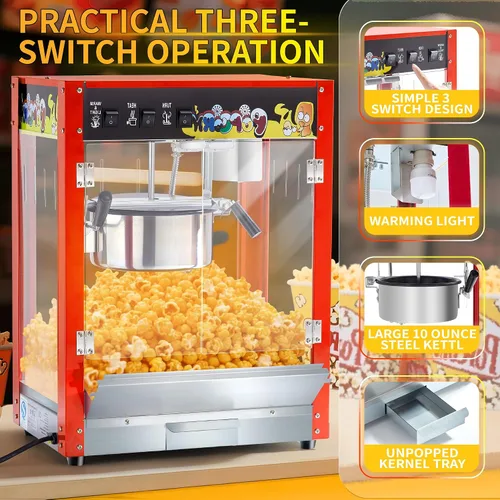 Vista 2 de Máquina para hacer palomitas de maíz, hervidor de 10 onzas, 1300 W de encimera para 60 tazas por lote, máquina de palomitas de maíz estilo cine