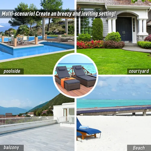 Vista 7 de Rattan Star Juego de 2 tumbonas de mimbre marrón para exteriores, tumbonas de piscina, respaldo ajustable multiángulo con cojines azules