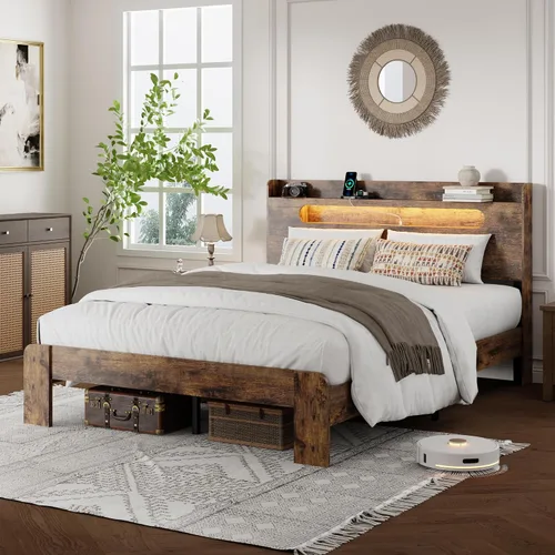 Vista 3 de Base de cama tamaño matrimonial con cabecera de almacenamiento, base de cama de plataforma con estación de carga y luces LED, listones de madera