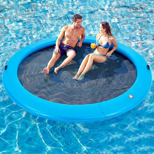 Vista 13 de Muelle flotante inflable redondo de 6 a 12 pies, anillo de flotador Sunchill, hamaca de agua para broncear flotadores de piscina con tela tejida